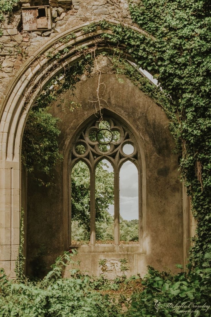An ivy-covered stone arch opening into a garden
